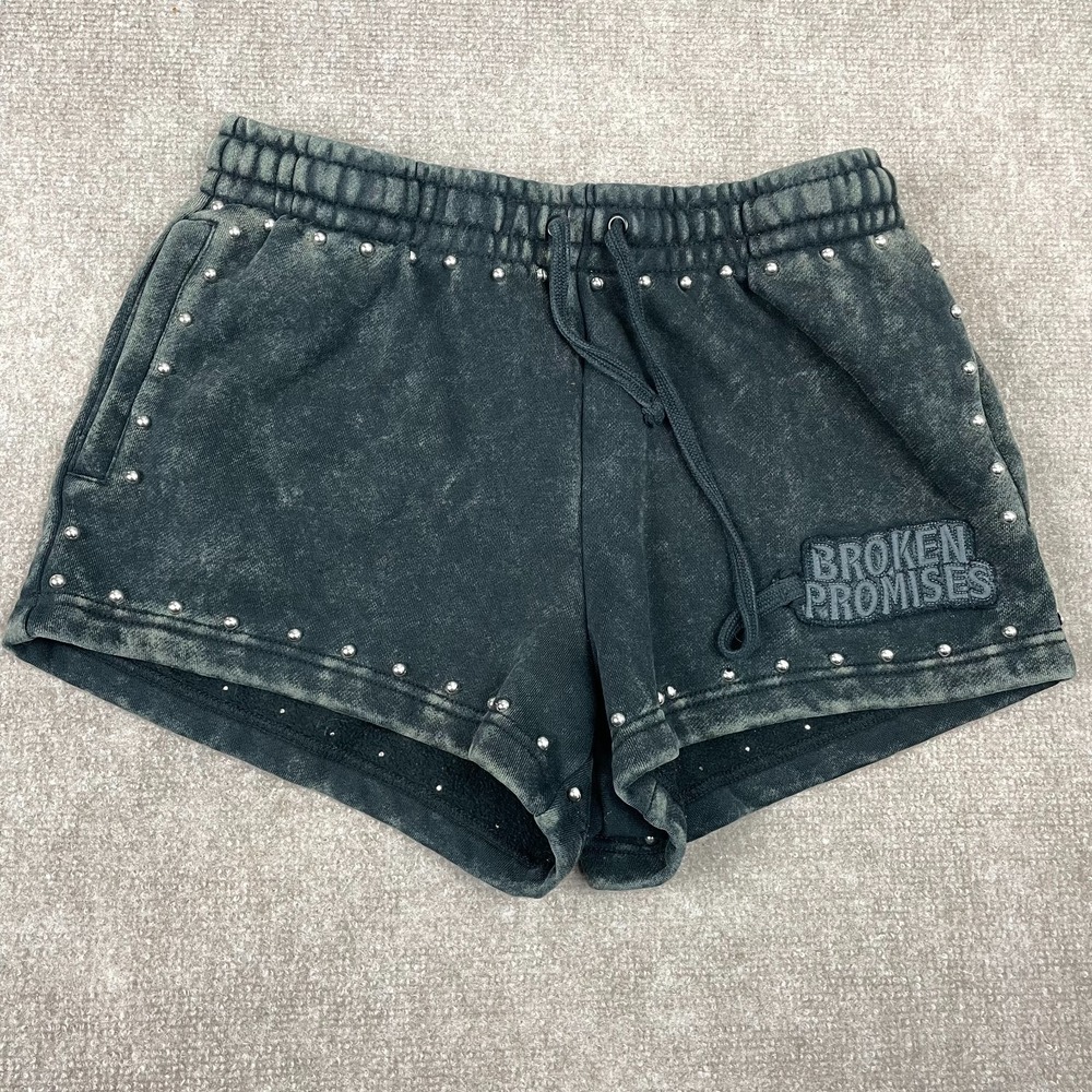 Broken Promises Sweat Shorts Womens Medium Adorned Black Dark Wash Drawstring